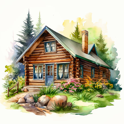 Wooden cabin in a forest with trees and flowers fabric panel