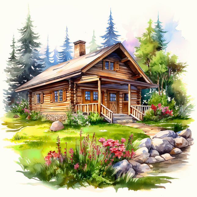 Wooden cabin in a forest with flowers and rocks fabric panel