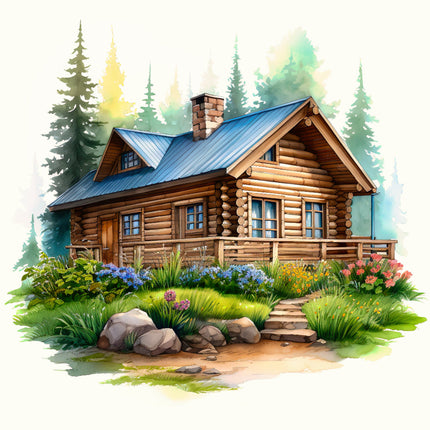 Log cabin in a forest fabric panel