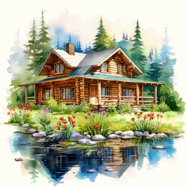 Log cabin by a lake with trees in the background fabric panel