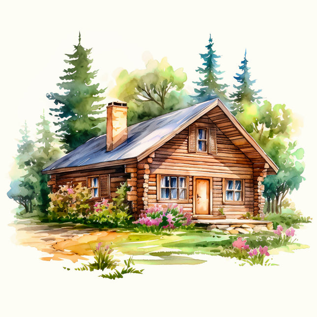Wooden cabin in a forest with trees and flowers fabric panel
