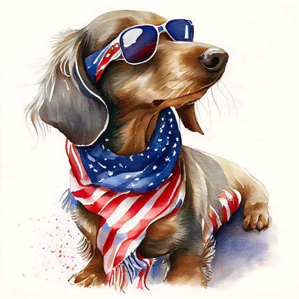 Dog wearing sunglasses and an American flag bandana fabric panel