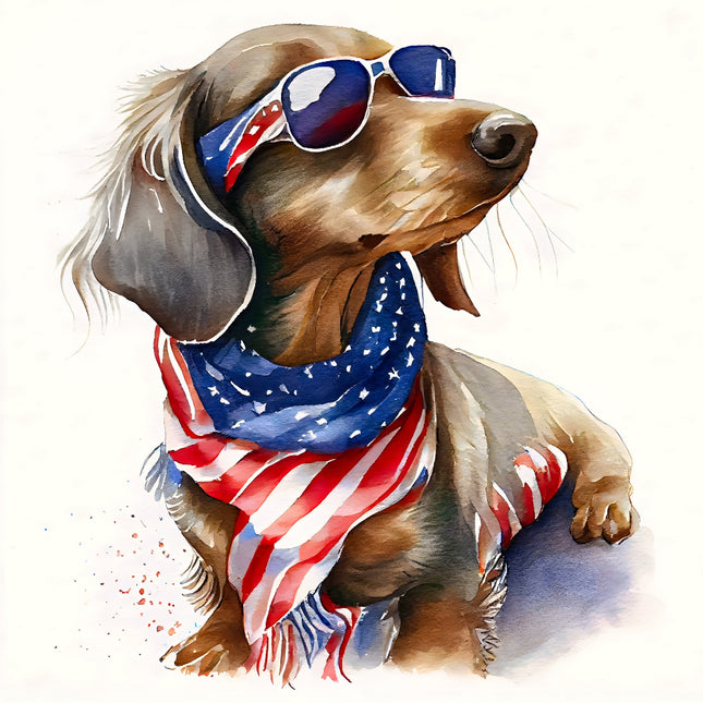 Dog wearing sunglasses and an American flag bandana fabric panel