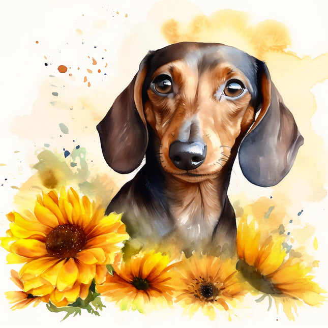 dachshund surrounded by sunflowers fabric panel