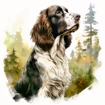 english setter dog with a forest background fabric panel