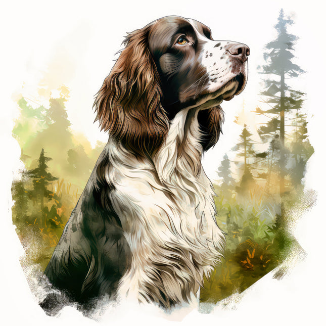 english setter dog with a forest background fabric panel