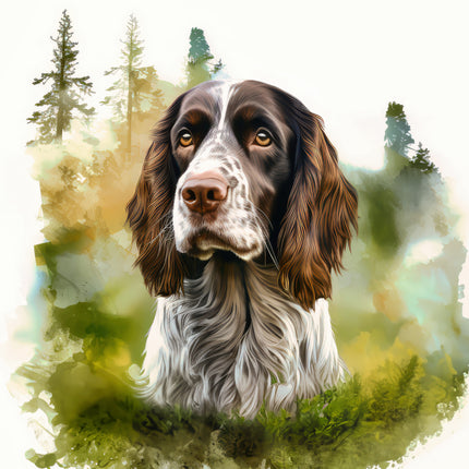 english setter Dog with a forest background fabric panel