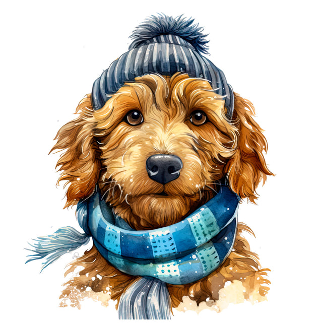 Dog wearing a blue winter hat and scarf fabric panel