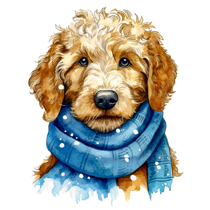 dog wearing a blue scarf with snowflakes fabric panel
