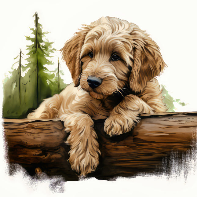 goldendoodle puppy sitting on a log with a forest background fabric panel