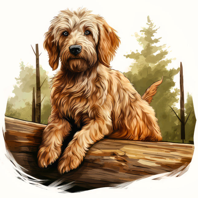 goldendoodle dog sitting on a log with a forest background fabric panel