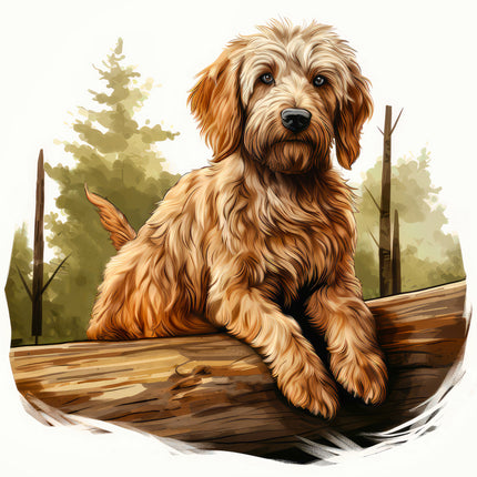 goldendoodle dog sitting on a log with a forest background fabric panel
