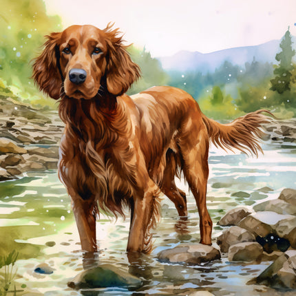 Brown dog standing in a stream fabric panel