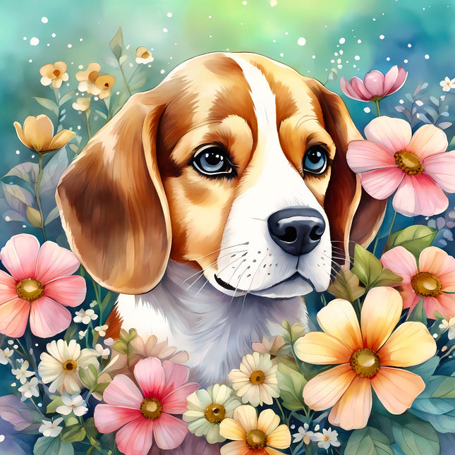 dog surrounded by colorful flowers fabric panel