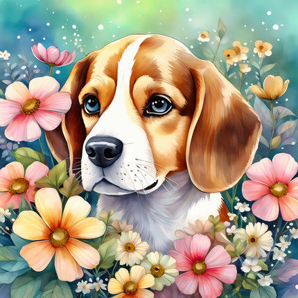 beagle dog surrounded by colorful flowers with a soft, multicolor background fabric panel