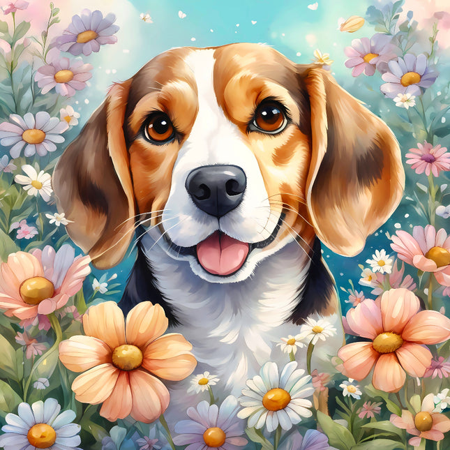 Dog surrounded by colorful flowers with a bright blue sky fabric panel