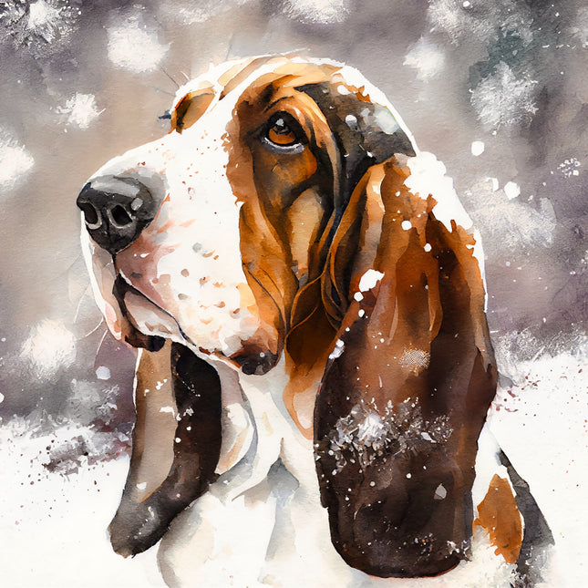Artistic depiction of a dog's face with a snowy background fabric panel