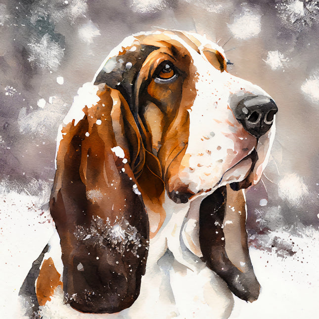 dog's face with snowflakes around fabric panel