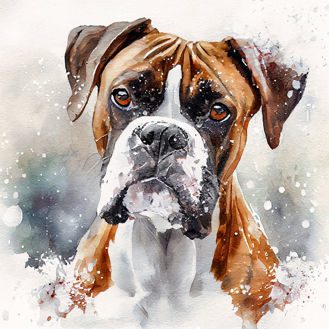 Artistic illustration of a Boxer dog's face with a snowy background fabric panel