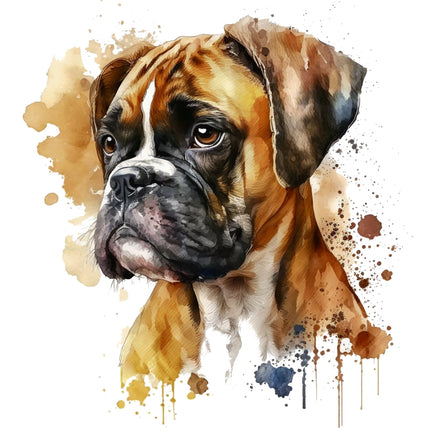 boxer dog with watercolor splashes on a white background fabric panel