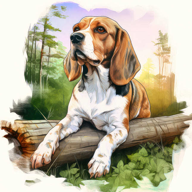 beagle lying on a log with a forest background fabric panel
