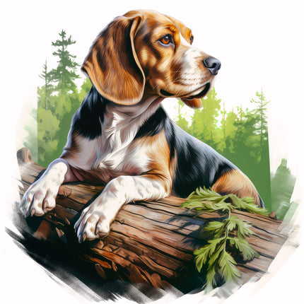 Dog sitting on a log with a forest background fabric panel
