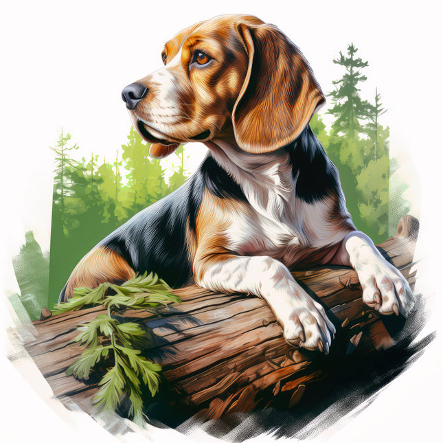 beagle sitting on a log with a forest background fabric panel
