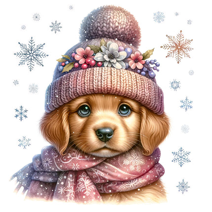 Illustration of a dog wearing a winter hat and scarf with snowflakes quilt panel