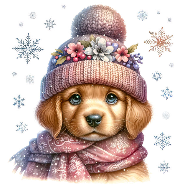 Illustration of a dog wearing a winter hat and scarf with snowflakes quilt panel