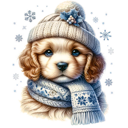 Dog wearing a winter hat and scarf quilt panel