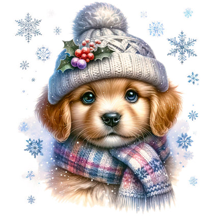 Dog wearing a winter hat and scarf fabric panel