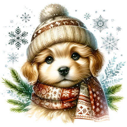 Dog wearing a winter hat and scarf with snowflakes and Christmas trees fabric panel