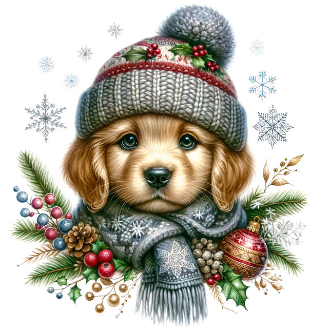 dog wearing a festive hat and scarf fabric panel