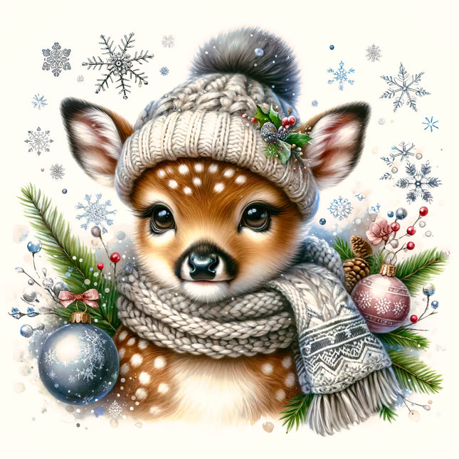 deer wearing a winter hat and scarf fabric panel