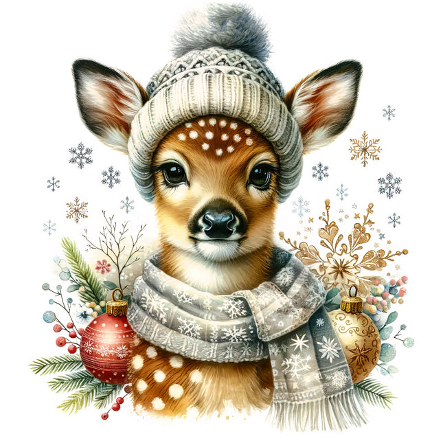 Deer wearing a knitted hat and scarf fabric panel