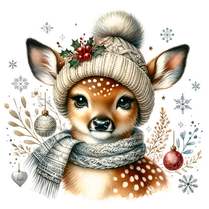 deer wearing a winter hat and scarf with Christmas decorations fabric panel
