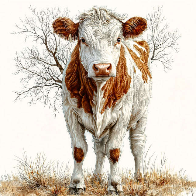 Brown and white cow standing in a field quilt panel