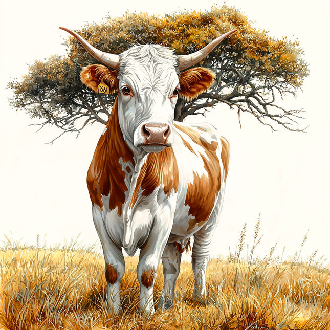 Brown and white cow standing in a field with a tree quilt block