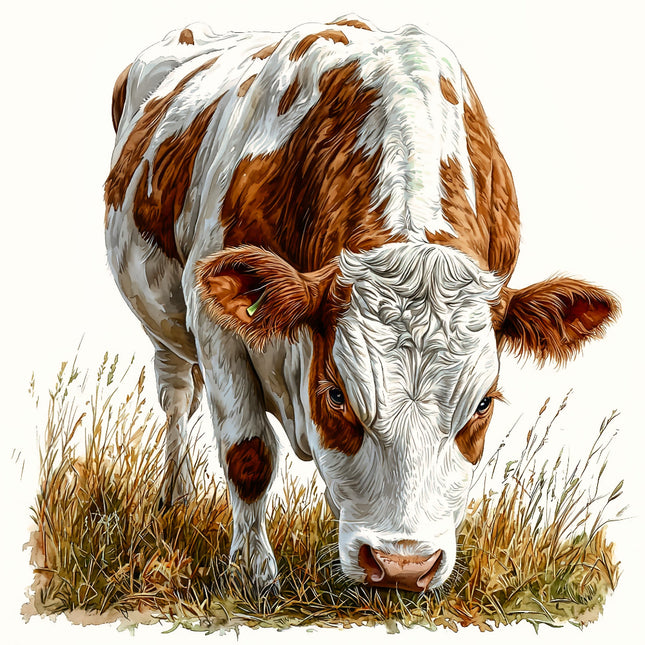 brown and white cow in a grassy field quilt panel