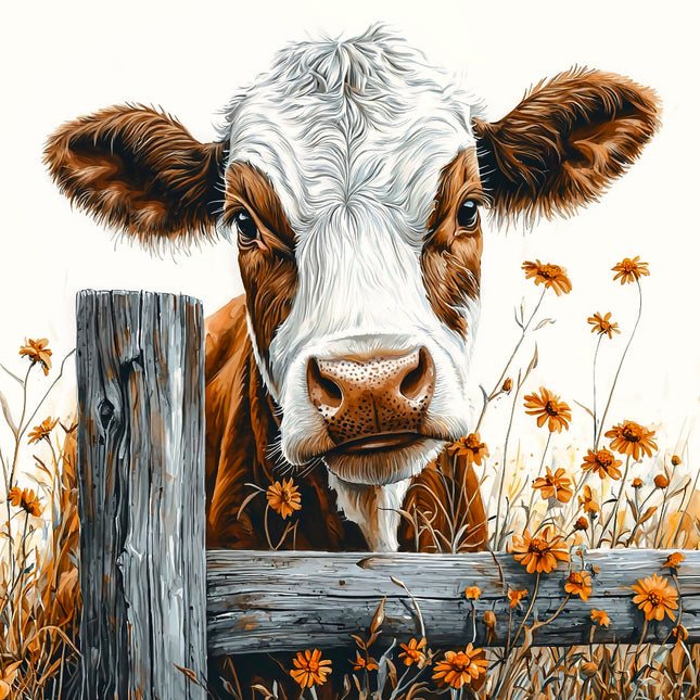 Cow peeking over a wooden fence with flowers in the background