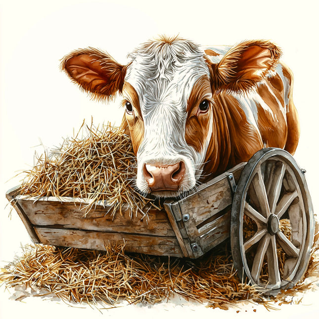 Cow in a wooden cart filled with hay fabric panel