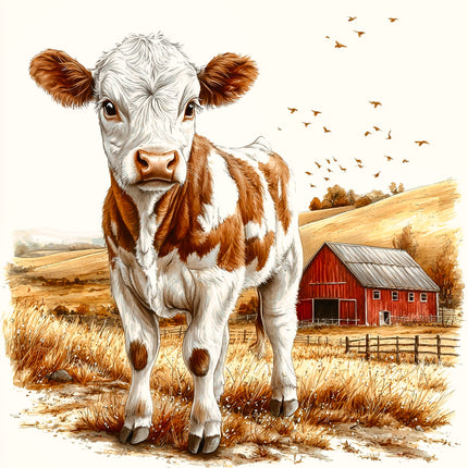 Cow standing in a field with a red barn and birds in the background fabric panel