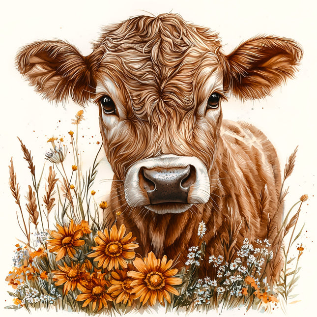 Illustration of a brown cow surrounded by flowers fabric panel