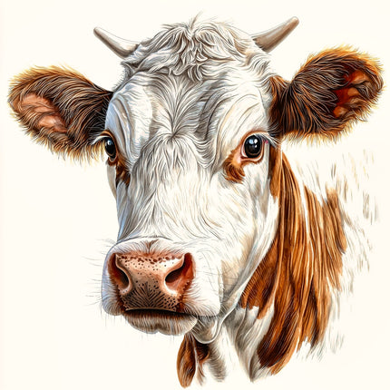 Close-up of a brown and white cow's face fabric panel