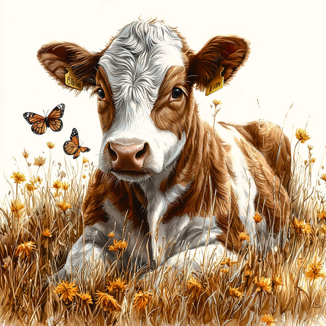 Cow lying in a field with flowers and butterflies quilt panel