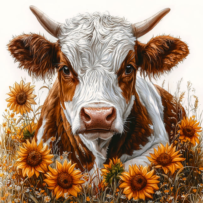 Brown and white cow surrounded by sunflowers fabric panel