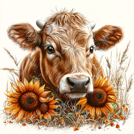 Cow surrounded by sunflowers fabric panel