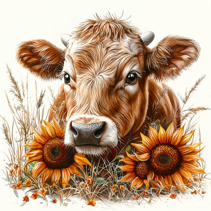Cow surrounded by sunflowers fabric panel