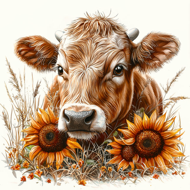 Cow surrounded by sunflowers fabric panel