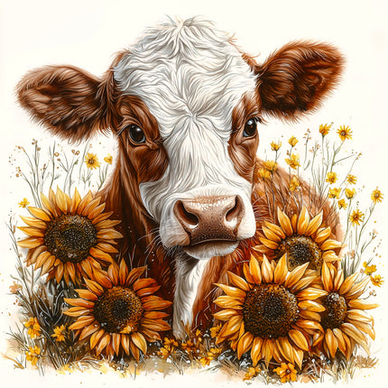 cow surrounded by sunflowers fabric panel